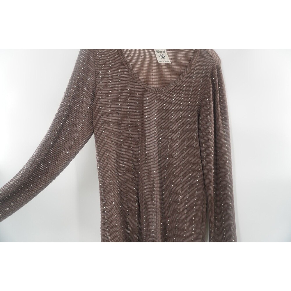 Focal Brown Mesh Knit Beaded Long Sleeve Mesh Knit Beaded Sweater Top Size L